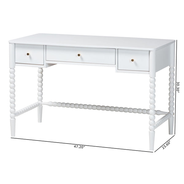 Baxton Studio Lucera Rubberwood Writing Desk with Bobbin Spindles and Three Drawers for Home Office