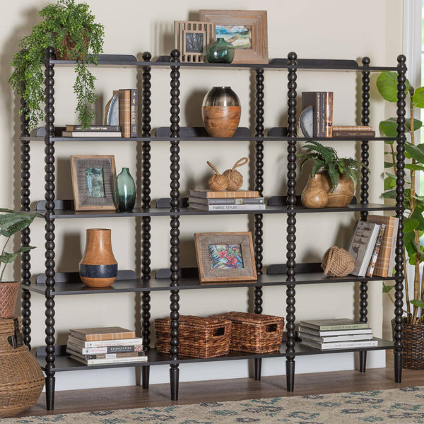 Baxton Studio Lucera Bobbin Spindle 5 Tier Rubberwood Bookcase Farmhouse Living Room Shelf