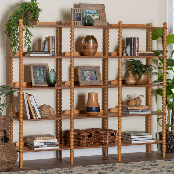 Baxton Studio Lucera Bobbin Spindle 5 Tier Rubberwood Bookcase Farmhouse Living Room Shelf