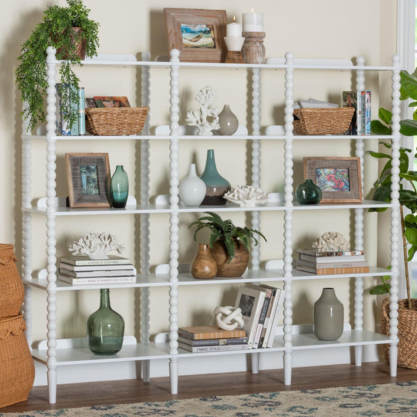 Baxton Studio Lucera Bobbin Spindle 5 Tier Rubberwood Bookcase Farmhouse Living Room Shelf