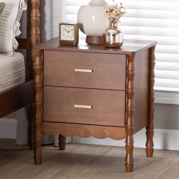 Baxton Studio Danette Bobbin Leg Wood Nightstand with Two Drawers for Bedroom