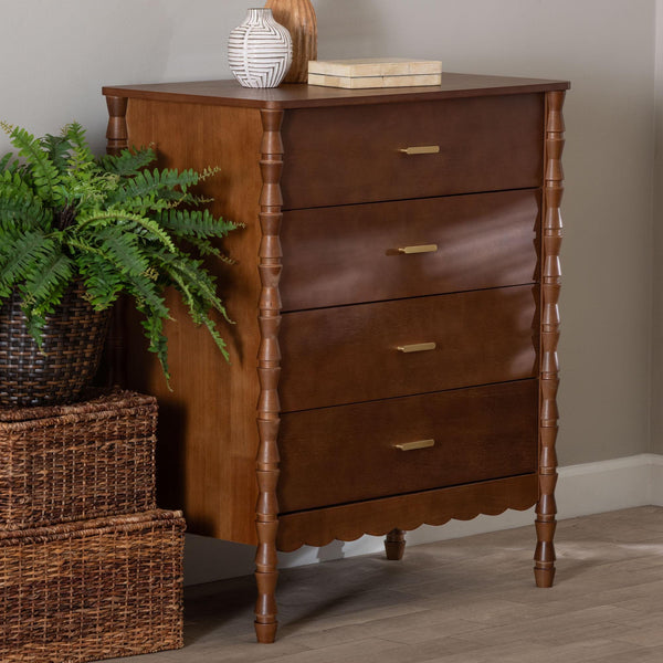 Baxton Studio Danette Bobbin Rubberwood 4-drawer Chest with Sculpted Hourglass Legs