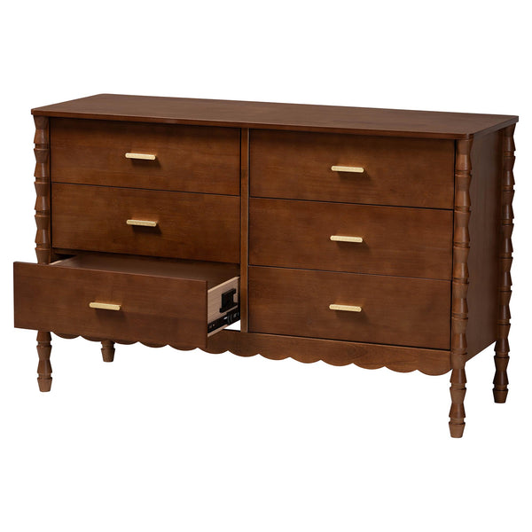 Baxton Studio Danette Rubberwood Six Drawer Dresser with Bobbin Legs for Bedroom