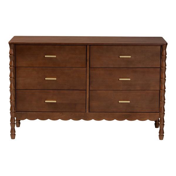 Baxton Studio Danette Rubberwood Six Drawer Dresser with Bobbin Legs for Bedroom