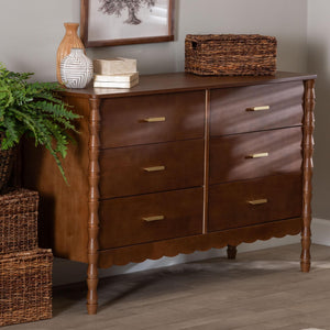 Baxton Studio Danette Rubberwood Six Drawer Dresser with Bobbin Legs for Bedroom