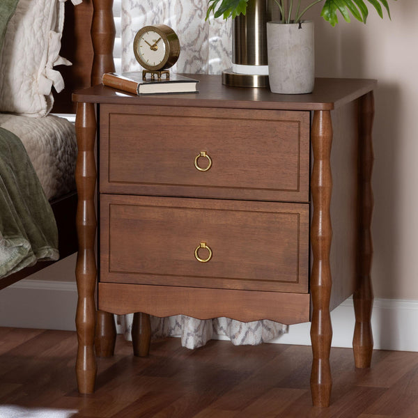 Baxton Studio Seamus Solid Rubberwood Bobbin Carved Bedroom Nightstand with Two Drawers