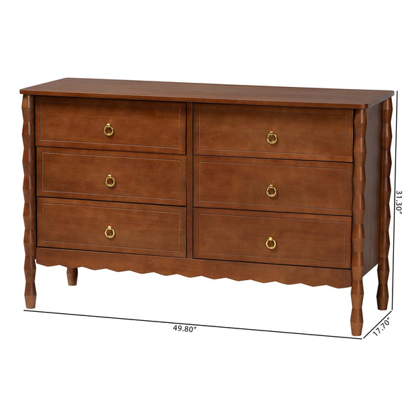 Baxton Studio Seamus Rubberwood Six Drawer Dresser with Bobbin Carved Bedroom Frame