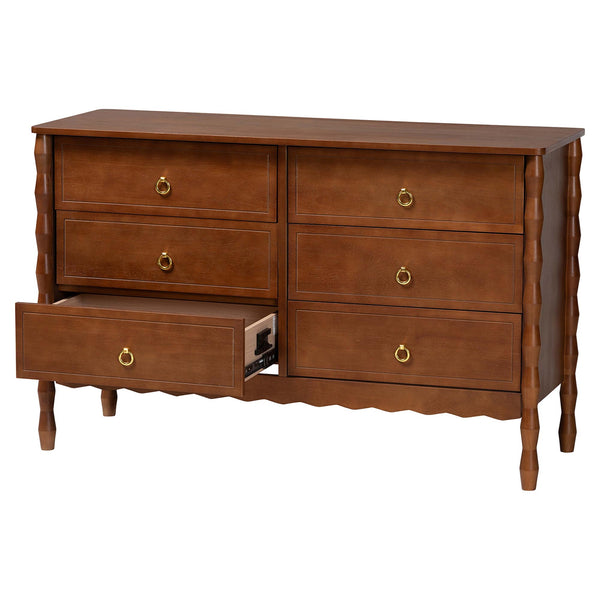 Baxton Studio Seamus Rubberwood Six Drawer Dresser with Bobbin Carved Bedroom Frame