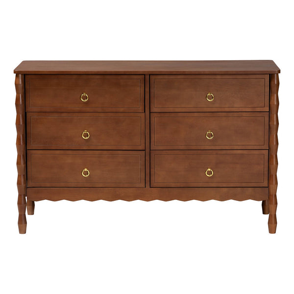 Baxton Studio Seamus Rubberwood Six Drawer Dresser with Bobbin Carved Bedroom Frame