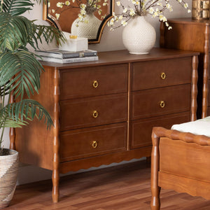 Baxton Studio Seamus Rubberwood Six Drawer Dresser with Bobbin Carved Bedroom Frame