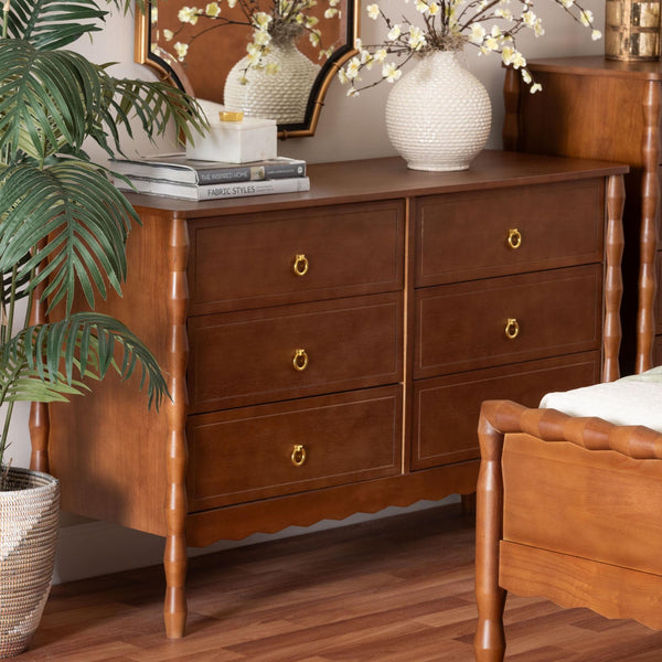 Baxton Studio Seamus Rubberwood Six Drawer Dresser with Bobbin Carved Bedroom Frame