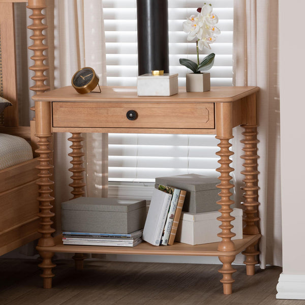 Baxton Studio Neviah Rubberwood Farmhouse Nightstand with Drawer and Open Shelf