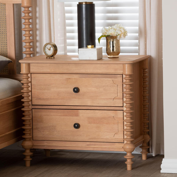 Baxton Studio Neviah Farmhouse Rubberwood Nightstand with Spindle Legs and Two Drawers