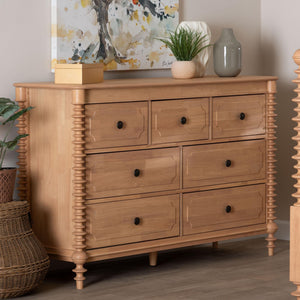 Baxton Studio Neviah Wide Rubberwood Farmhouse Dresser with Seven Spindle Leg Drawers