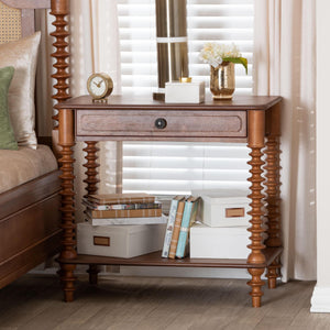 Baxton Studio Neviah Rubberwood Farmhouse Nightstand with Spindle Legs Open Shelf