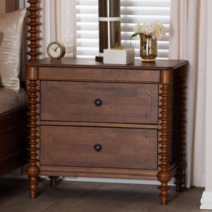 Baxton Studio Neviah Rubberwood Two Drawer Nightstand Farmhouse Spindle Bedside
