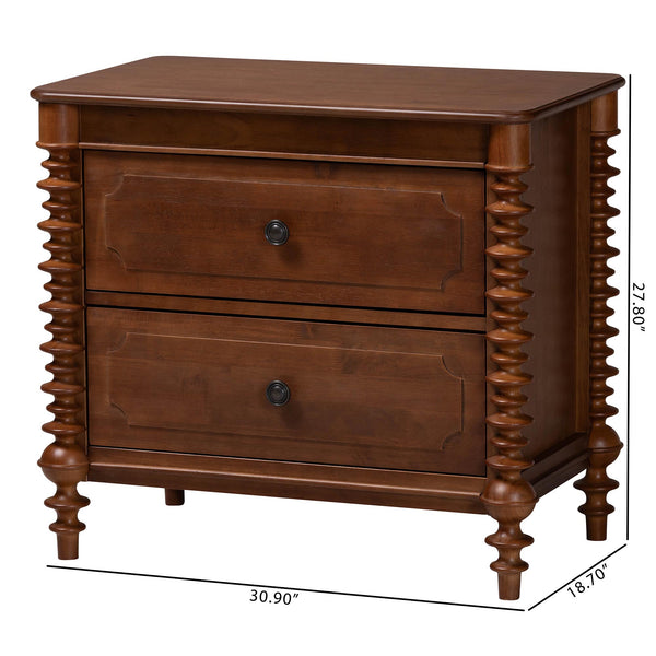 Baxton Studio Neviah Rubberwood Two Drawer Nightstand Farmhouse Spindle Bedside