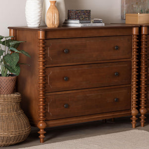 Baxton Studio Neviah Rubberwood Farmhouse 3-drawer Chest with Spindle Detail