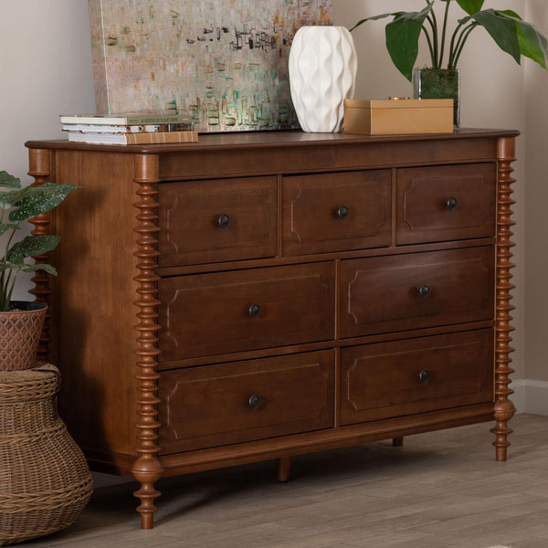 Baxton Studio Neviah Wide Rubberwood Farmhouse Dresser with Seven Spacious Drawers