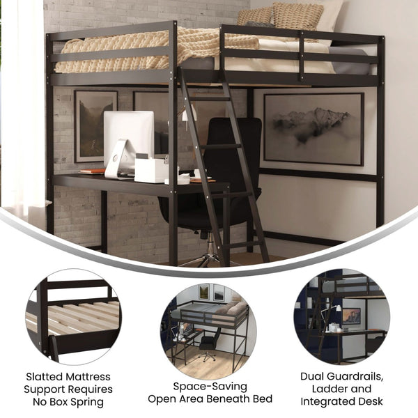 English Elm Riley Loft Bed Frame with Integrated Desk, Stylish Space-Saving Design for Kids and Teens' Rooms Espresso Full MH-LBD5-ESP-F-GG