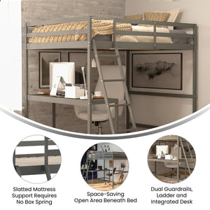 English Elm Riley Loft Bed Frame with Integrated Desk, Stylish Space-Saving Design for Kids and Teens' Rooms Light Gray Full MH-LBD5-LGY-F-GG