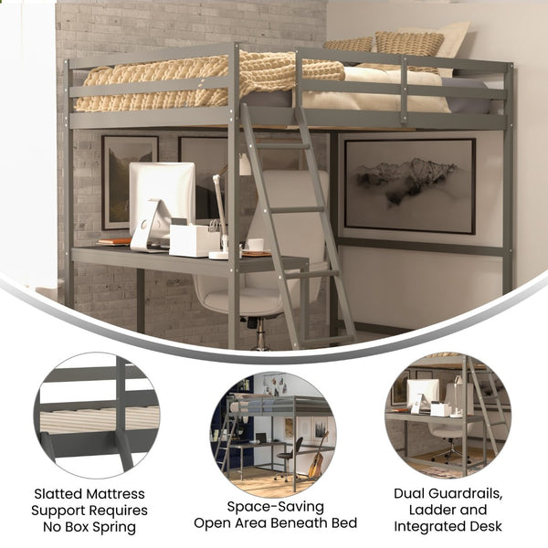 English Elm Riley Loft Bed Frame with Integrated Desk, Stylish Space-Saving Design for Kids and Teens' Rooms Light Gray Full MH-LBD5-LGY-F-GG