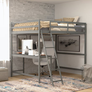 English Elm Riley Loft Bed Frame with Integrated Desk, Stylish Space-Saving Design for Kids and Teens' Rooms Light Gray Full MH-LBD5-LGY-F-GG