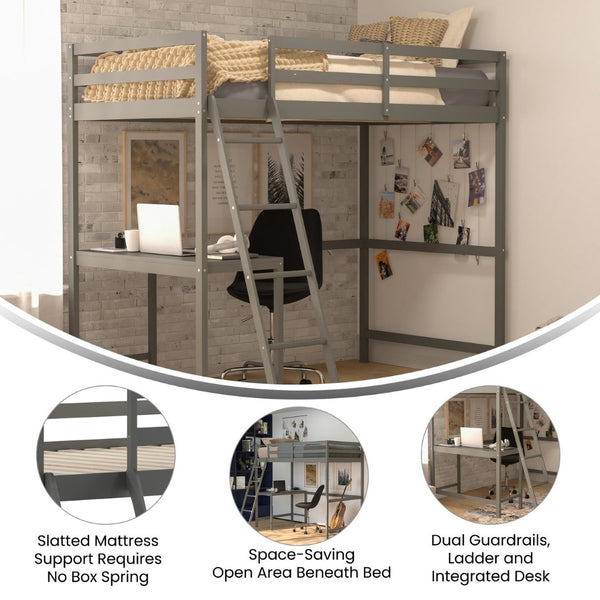 English Elm Riley Loft Bed Frame with Integrated Desk, Stylish Space-Saving Design for Kids and Teens' Rooms Light Gray Twin MH-LBD5-LGY-T-GG