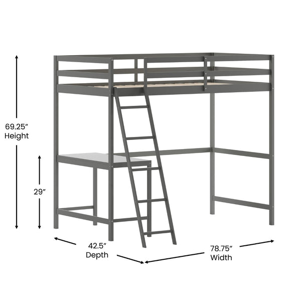 English Elm Riley Loft Bed Frame with Integrated Desk, Stylish Space-Saving Design for Kids and Teens' Rooms Light Gray Twin MH-LBD5-LGY-T-GG