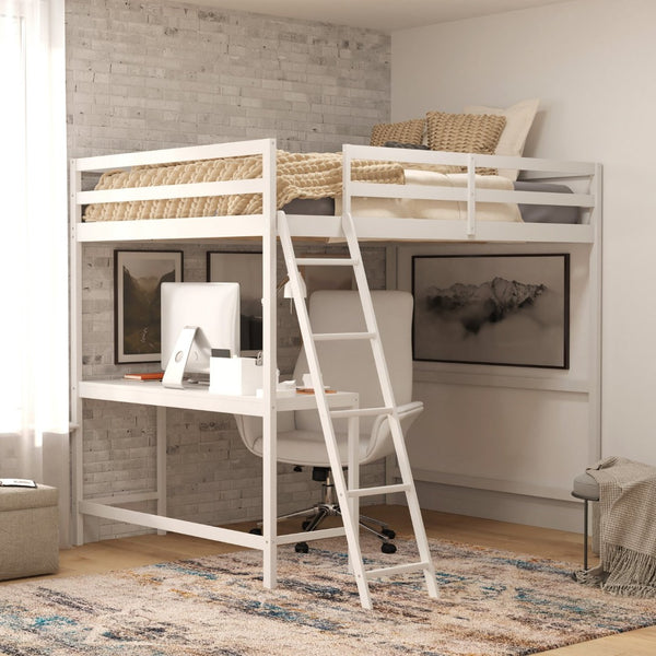 English Elm Riley Loft Bed Frame with Integrated Desk, Stylish Space-Saving Design for Kids and Teens' Rooms White Full MH-LBD5-WH-F-GG
