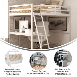English Elm Riley Loft Bed Frame with Integrated Desk, Stylish Space-Saving Design for Kids and Teens' Rooms White Full MH-LBD5-WH-F-GG