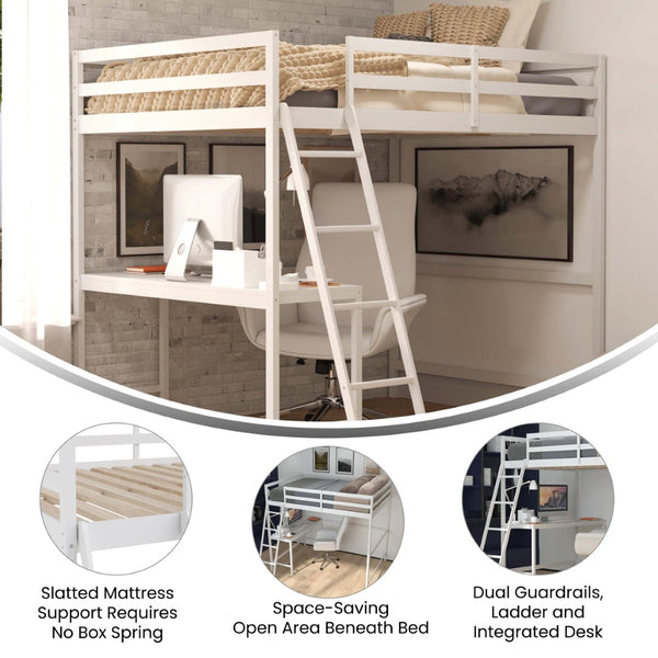 English Elm Riley Loft Bed Frame with Integrated Desk, Stylish Space-Saving Design for Kids and Teens' Rooms White Full MH-LBD5-WH-F-GG