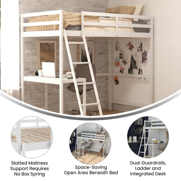 English Elm Riley Loft Bed Frame with Integrated Desk, Stylish Space-Saving Design for Kids and Teens' Rooms White Twin MH-LBD5-WH-T-GG