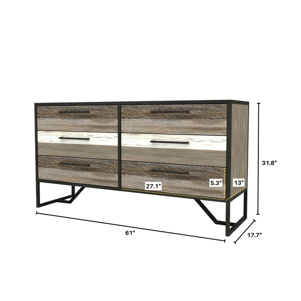 Lh Imports Metro Havana 6 Drawer Dresser - Rustic Acacia Wood With Unique Textures For Stylish Home Storage Brown,White Solid Acacia,Iron,Mdf,Acacia Veneer Mhb006