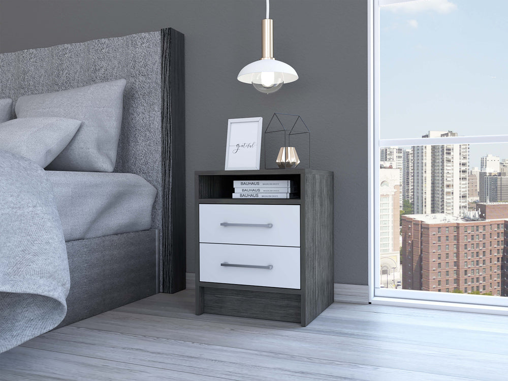 English Elm Eter Two Drawer Nightstand with Open Shelf Two Tone Oak Modern Bedroom Side Table B07092016