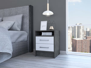 English Elm Eter Two Drawer Nightstand with Open Shelf Two Tone Oak Modern Bedroom Side Table B07092016