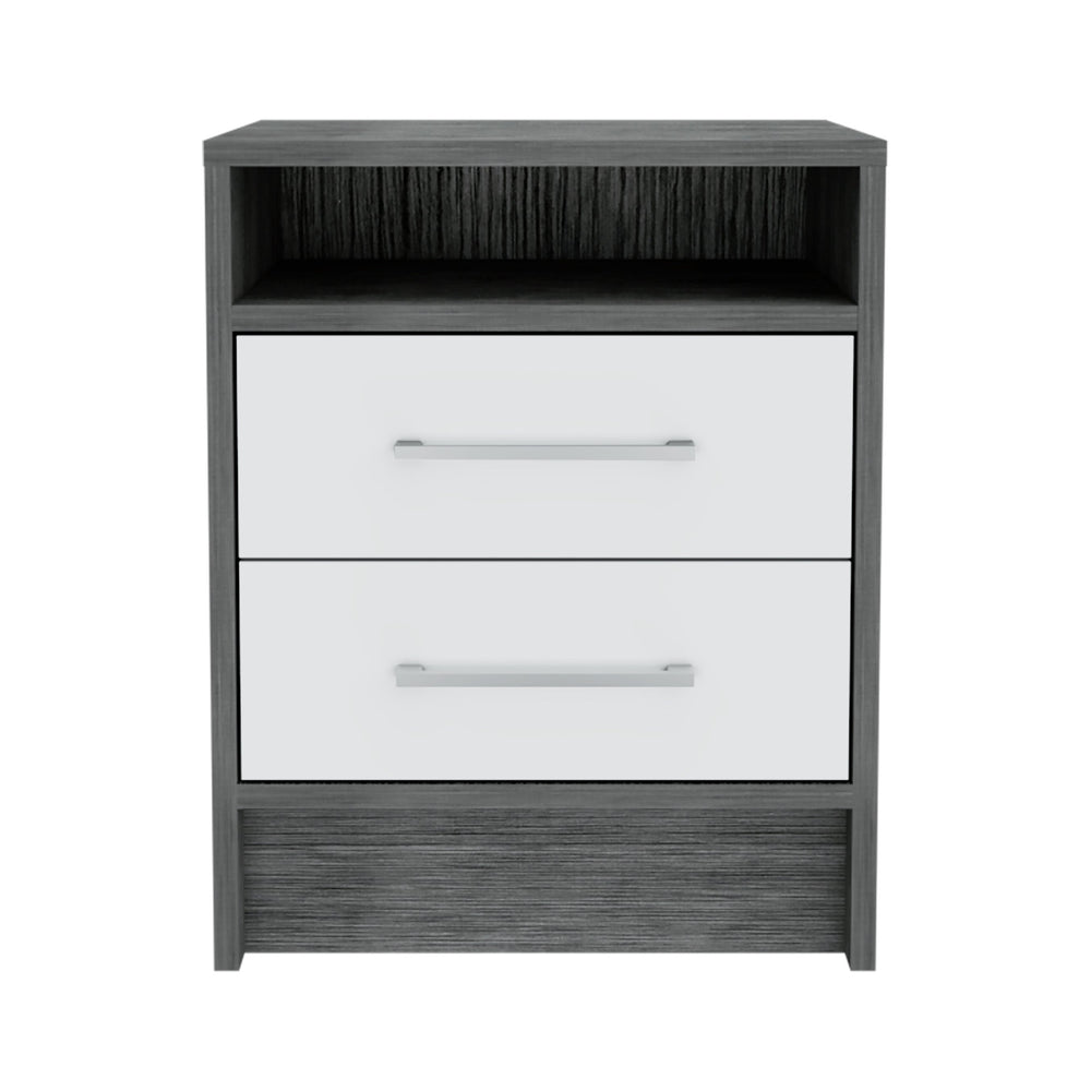 English Elm Eter Nightstand with Two Smooth-Glide Drawers and Top Shelf for Compact Bedroom or Living Spaces Multicolor 23.6 L x 19.7 W x 7.5 H B20092016