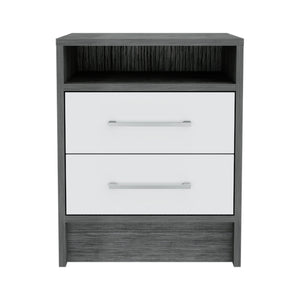 English Elm Eter Two Drawer Nightstand with Open Shelf Two Tone White Oak Modern Bedroom B20092016