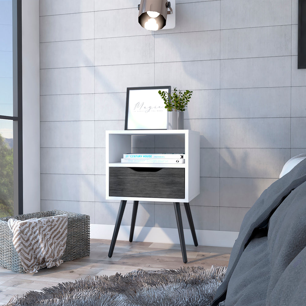 English Elm Otom Slim Two-tone Nightstand with Open Shelf and Push Drawer for Modern Bedrooms B07092045