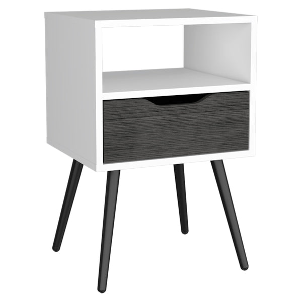 English Elm Nightstand With Modern Two-Tone Design, Open Shelf & Drawer - Ideal For Small Spaces, Smokey Oak/White B097132996