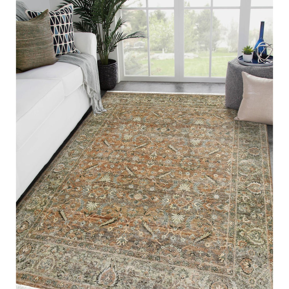 AMER Rugs Milano Brenda MIL-6 Hand-Knotted Handmade Raw Handspun New Zealand Wool Traditional Bordered Rug Orange/Sage 10' x 14'