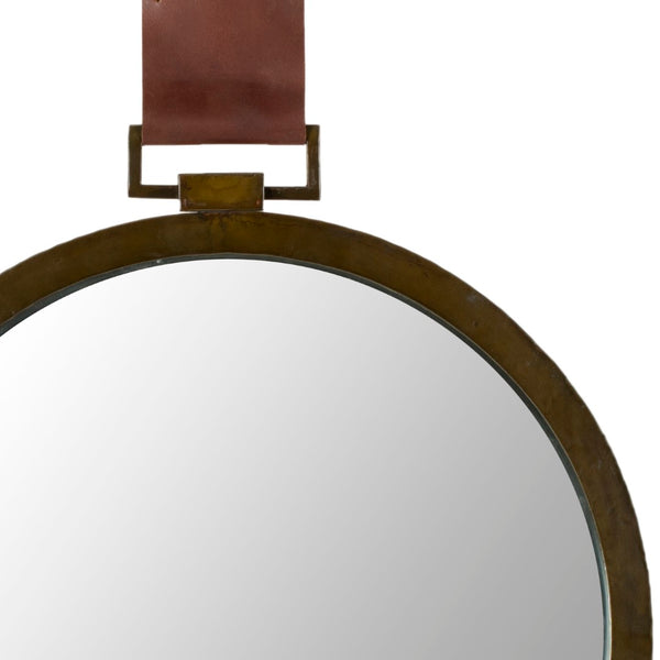 Safavieh TIME OUT MIRROR, 21" Gold & Light Brown Pendant Mirror with Leather Strap for Stylish Home Decor MIR4003A