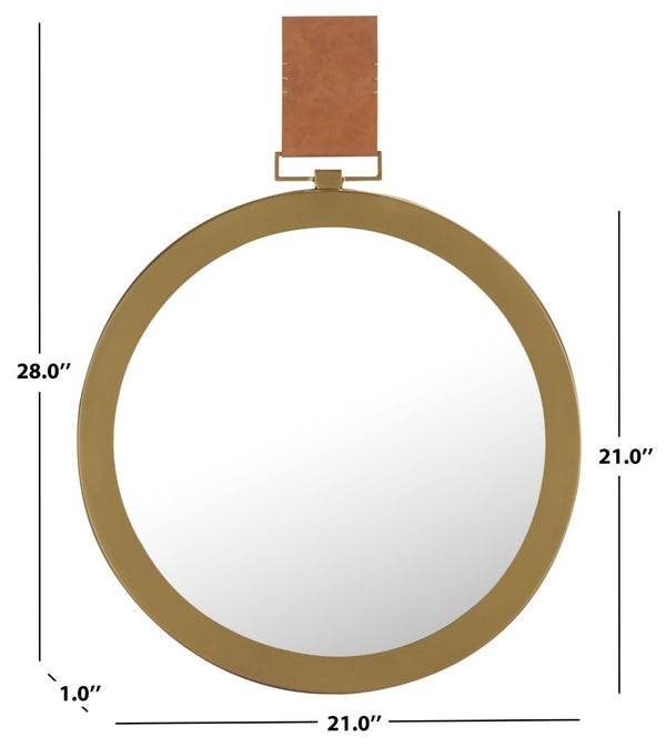 Safavieh TIME OUT MIRROR, 21" Gold & Light Brown Pendant Mirror with Leather Strap for Stylish Home Decor MIR4003A