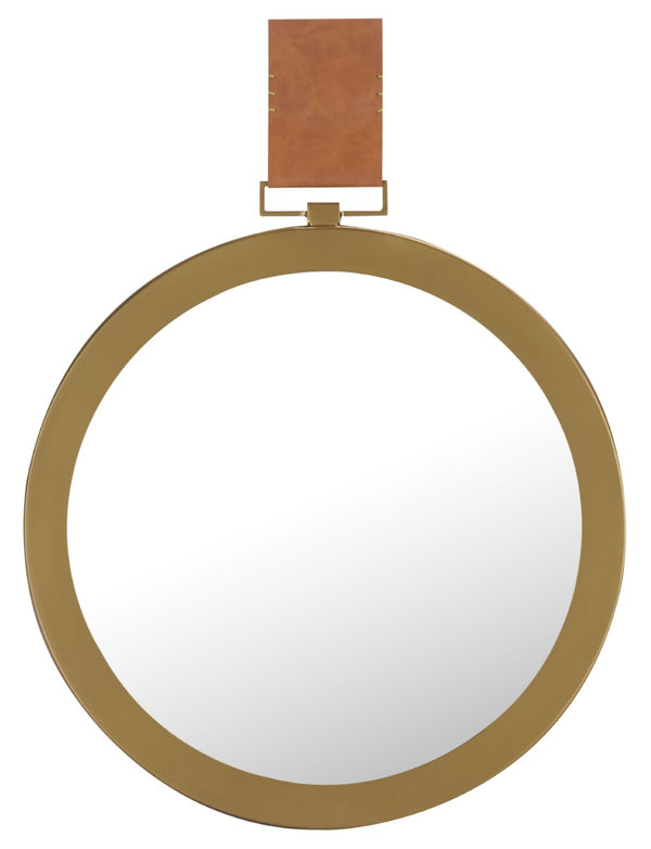 Safavieh TIME OUT MIRROR, 21" Gold & Light Brown Pendant Mirror with Leather Strap for Stylish Home Decor MIR4003A