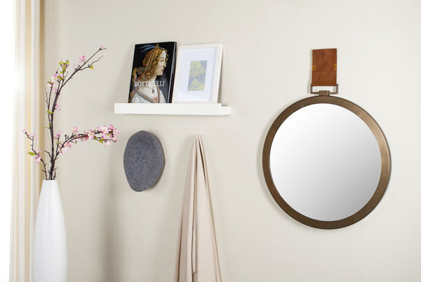 Safavieh TIME OUT MIRROR, 21" Gold & Light Brown Pendant Mirror with Leather Strap for Stylish Home Decor MIR4003A