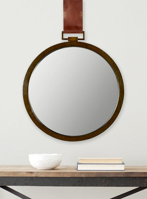 Safavieh TIME OUT MIRROR, 21" Gold & Light Brown Pendant Mirror with Leather Strap for Stylish Home Decor MIR4003A
