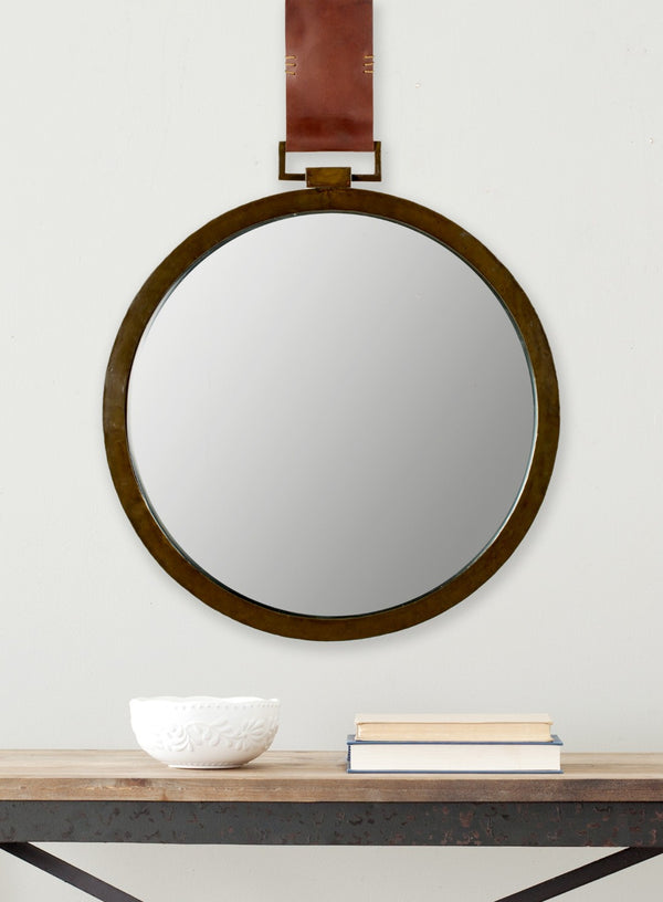 Safavieh TIME OUT MIRROR, 21" Gold & Light Brown Pendant Mirror with Leather Strap for Stylish Home Decor MIR4003A