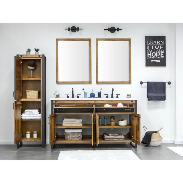 Lh Imports Irondale Vanity: Solid Acacia Wood & Metal Design With White Basin, Soft-close, Adjustable Shelves Brown White Basin,Steel,Solid Acacia Mir Bth01-61