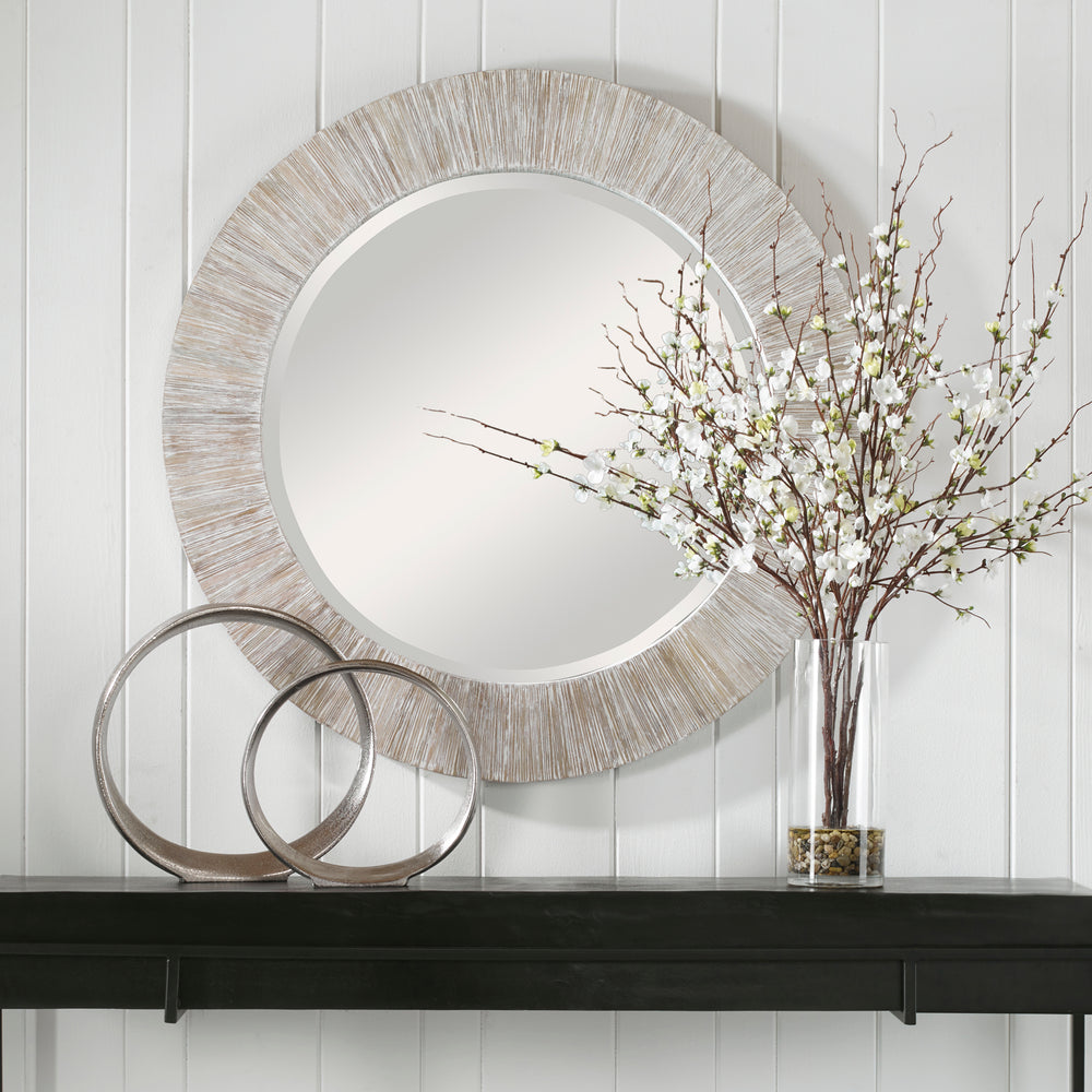 Uttermost Repose Whitewash Round Mirror 09785 BAMBOO, PLYWOOD