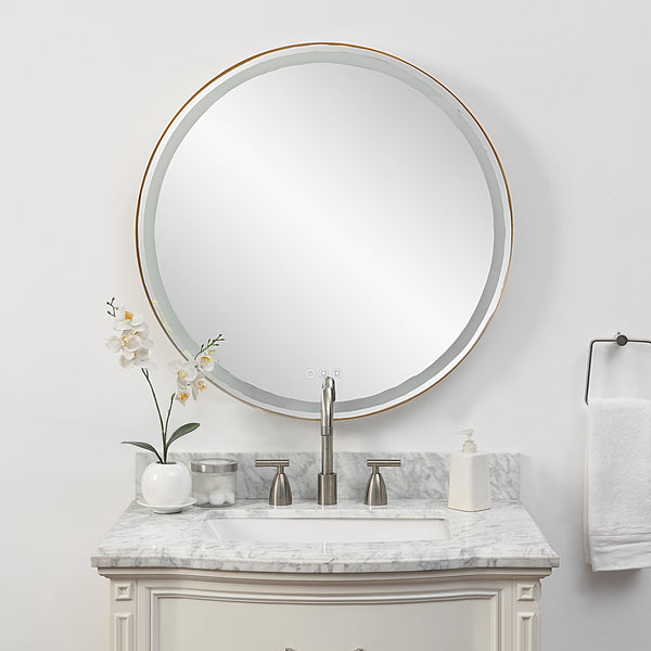 Uttermost Crofton Lighted Brass Round Mirror 09947 STAINLESS STEEL, METAL, MIRROR